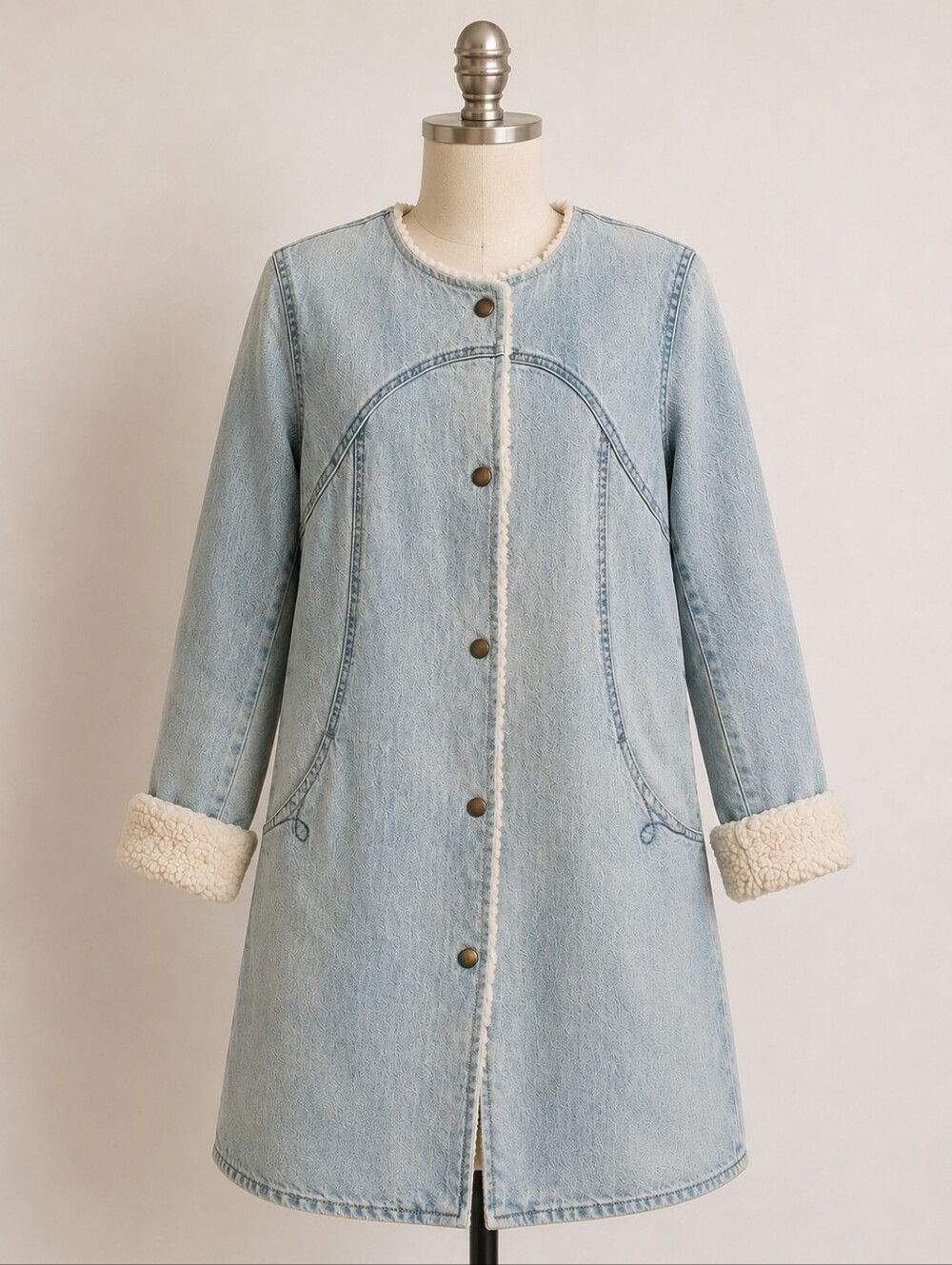 Anthropologie Pilcro Sherpa-Lined Long Denim Coat – Size Small - Picture 2 of 8